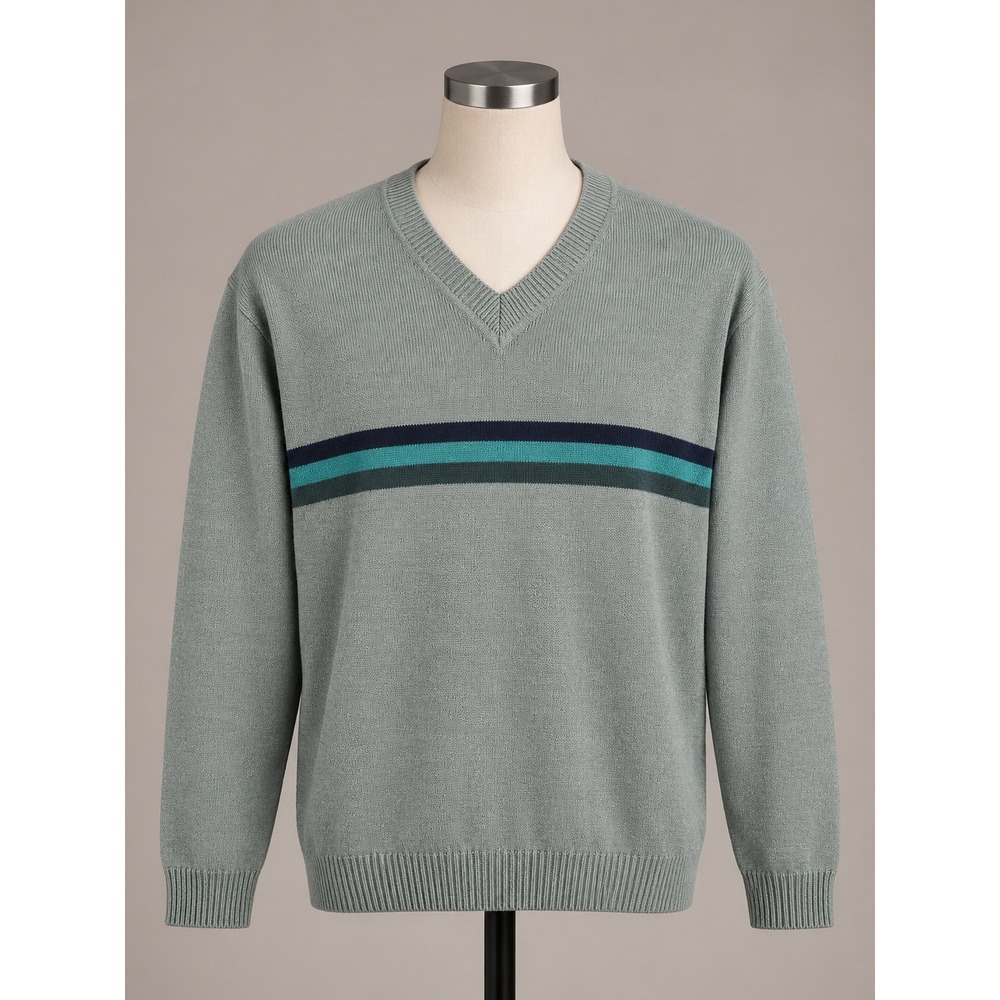 Vintage American Eagle V-Neck Striped Cotton Blend Sweater Sage Green Large